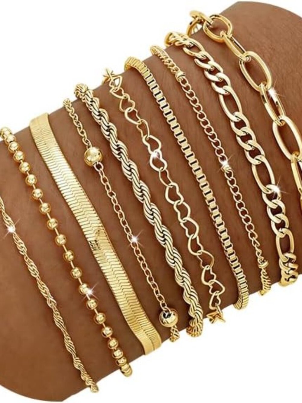 14K Gold Plated Stackable Bracelet Set for Women - Dainty Chain Bracelets 10 Pcs
